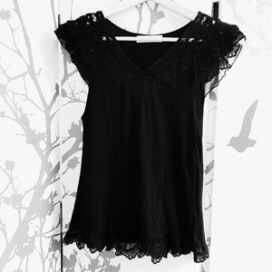 OXMO Black Lace Crochet Embroidered V Neck Flutter Sleeve Top